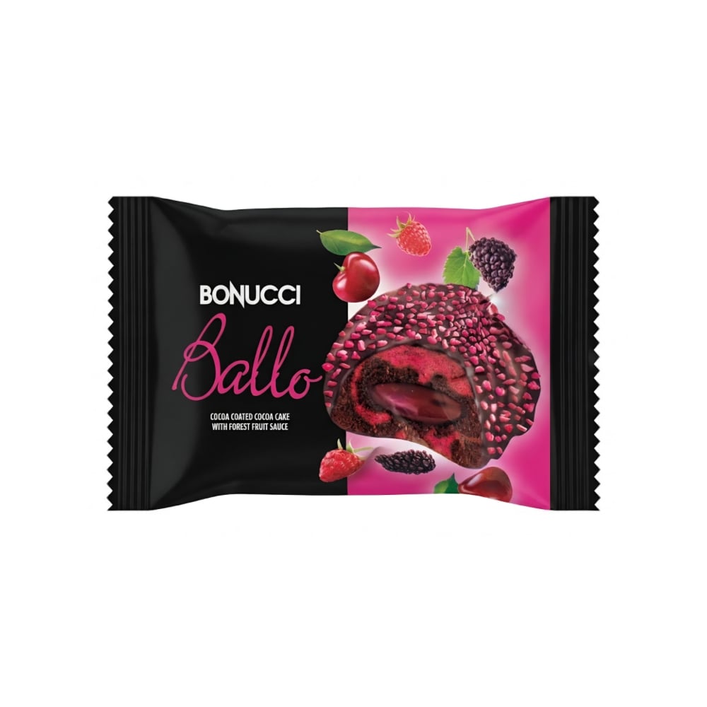 Pastel de chocolate relleno y cubierto de crema de frutos del bosque Bonucci Ballo (40 g / 1.41 oz) - Imagen 1
