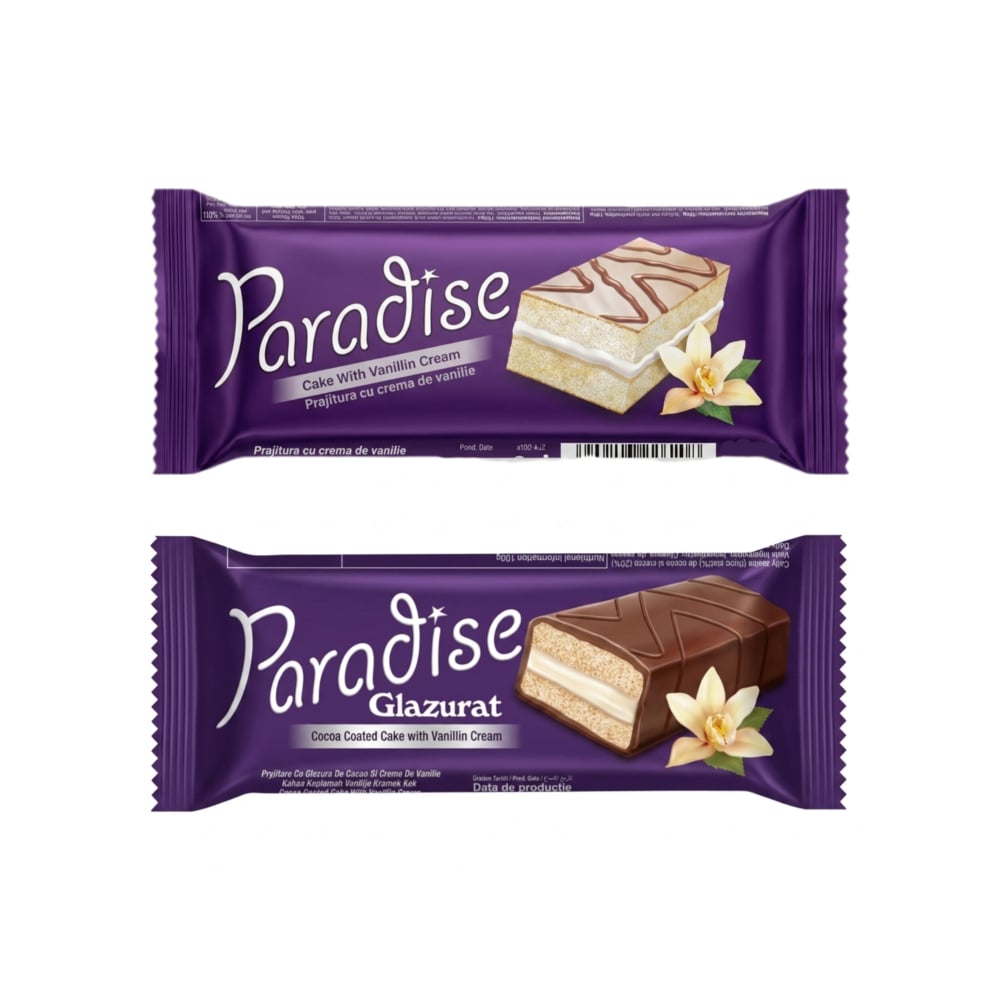 Pastelitos Paradise Simsek rellenos de crema de vainilla y cubiertos de chocolate y chocolate blanco - Imagen 1