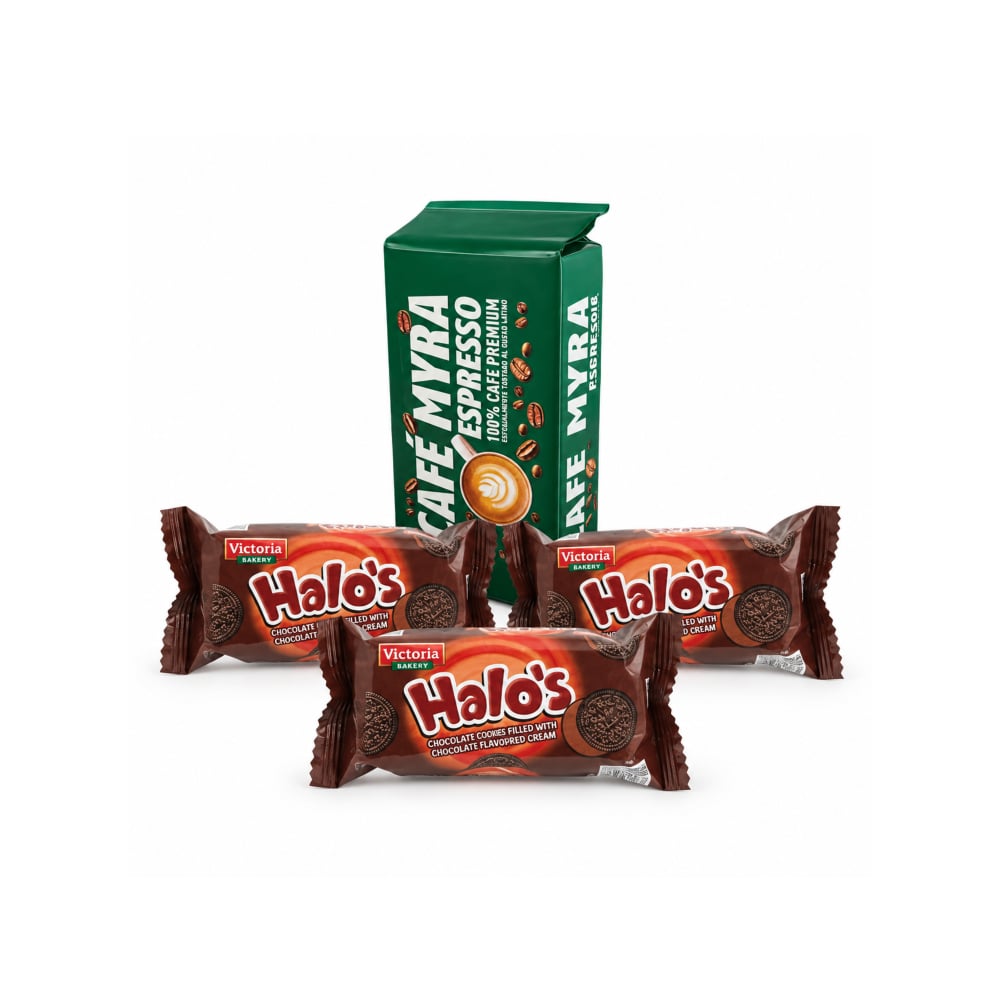 Café espresso Myra (250 g / 8.8 oz) + 3 Galletas de chocolate rellenas con crema sabor chocolate Victoria Garden Halo’s (30 g / 1.05 oz) - Imagen 1