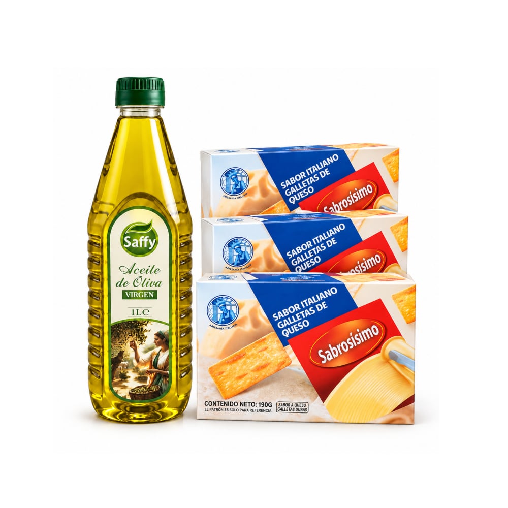 Combo Aceite de oliva virgen Saffy (1 L) + Galletas de queso Sabrosísimo (3 x 190 g / 6.70 oz) - Imagen 1