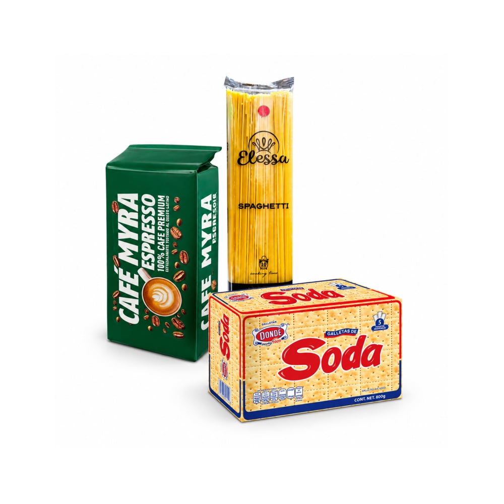 Café espresso Myra (250 g / 8.8 oz) + Espaguetis Elessa (500 g / 1.10 lb) + Galletas de soda Dondé (800 g / 1.76 lb) - Imagen 1