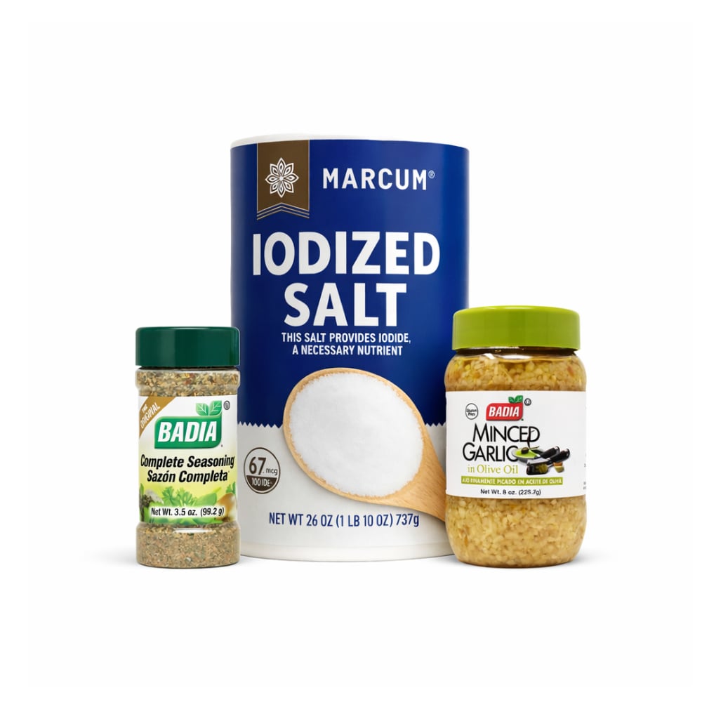 Sazón completo Badia (99.2 g / 3.5 oz) + Sal yodada Marcum (737 g / 1.6 lb) + Ajo finamente picado en aceite de oliva Badía (226.7 g / 8 oz) - Imagen 1