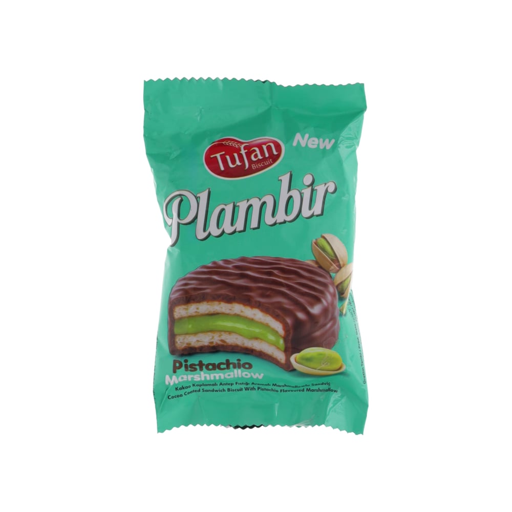 Pastel sándwich cubierta de chocolate rellena de malvavisco sabor pistacho Tufan Plambir (25 g) - Imagen 1