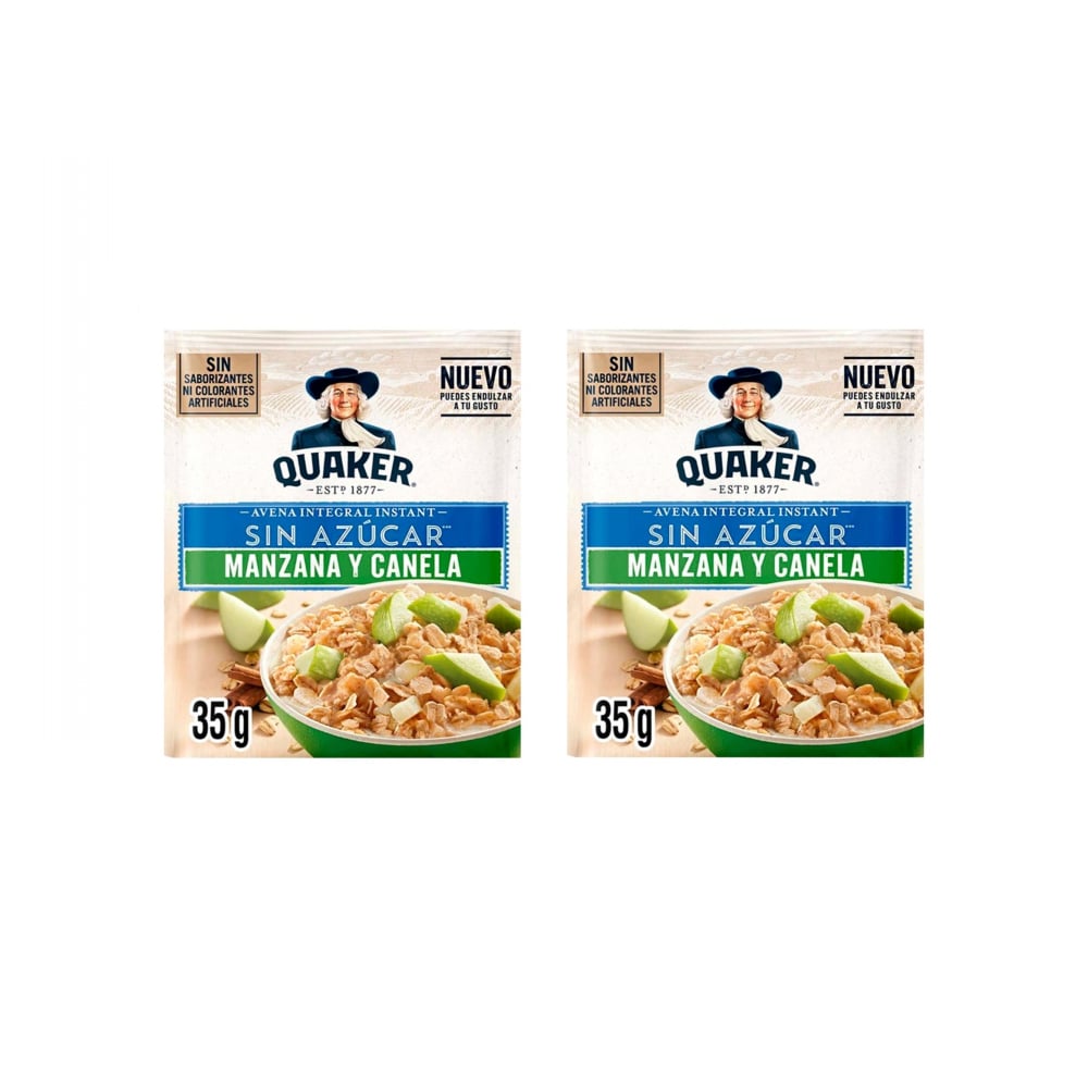 Cereal de avena integral sin azúcar sabor manzana y canela Quaker (2 x 35 g / 1.23 oz) - Imagen 1