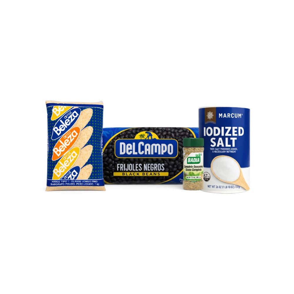 Sazón completo Badia (99.2 g / 3.5 oz) + Sal yodada Marcum (737 g / 1.6 lb) + Frijoles negros Del Campo (454 g / 1 lb) + Arroz tipo 2 Beleza (1 kg / 2.20 lb) - Imagen 1