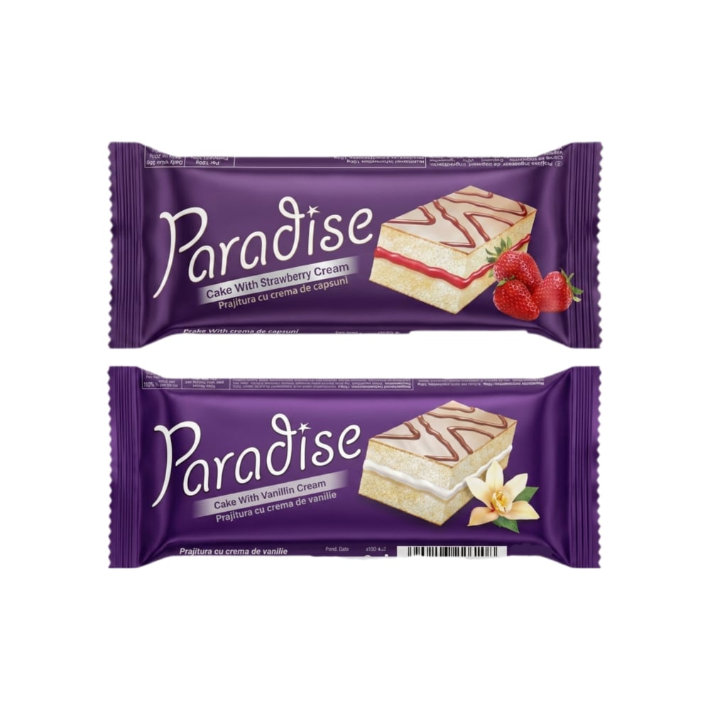 Pastelitos Paradise Simsek rellenos de crema de vainilla y fresa con cobertura de chocolate blanco - Imagen 1