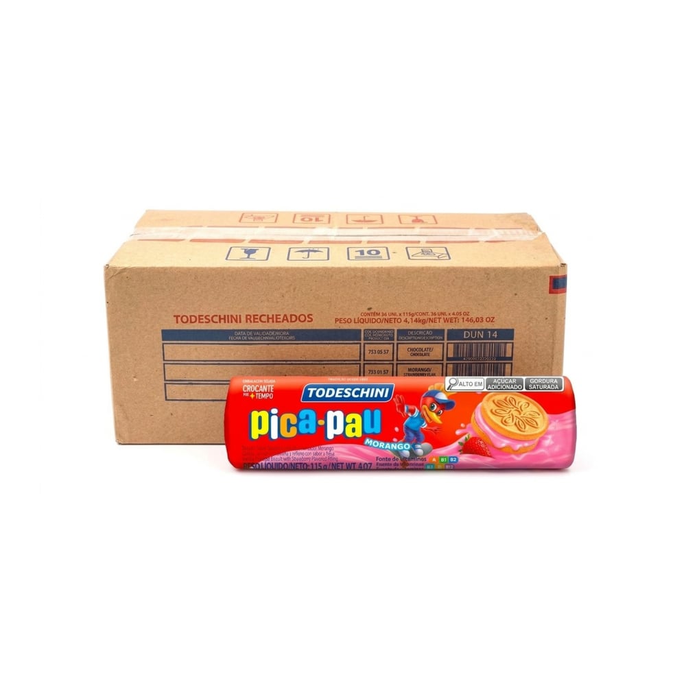 Galletas de vainilla con relleno sabor a fresa Pica Pau Todeschini (36 x 115 g / 4 oz) - Imagen 1