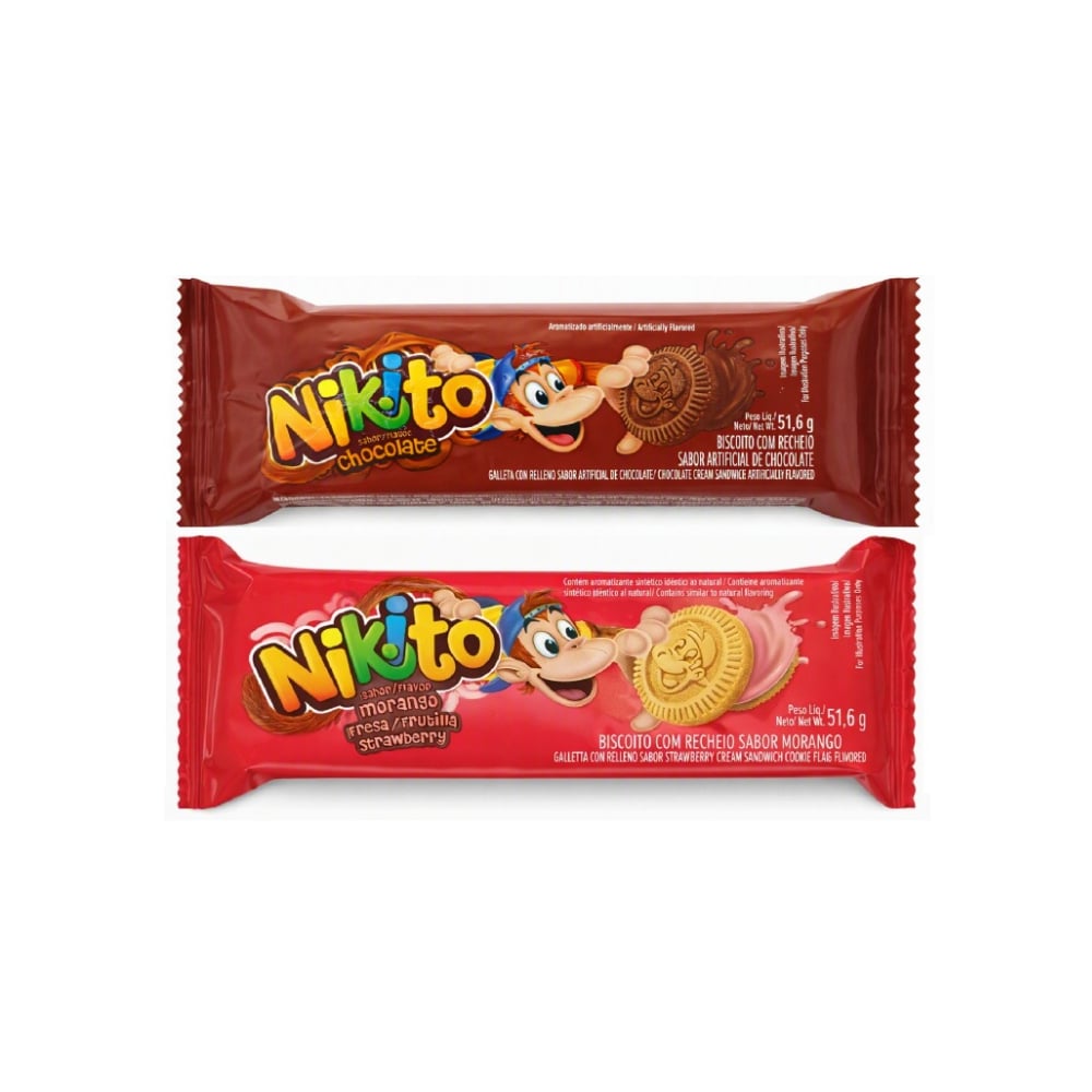 Galletas dulces con crema sabor chocolate Nikito (51.6 g / 1.82 oz) y Galletas dulces con crema sabor fresa Nikito (51.6 g / 1.82 oz) - Imagen 1