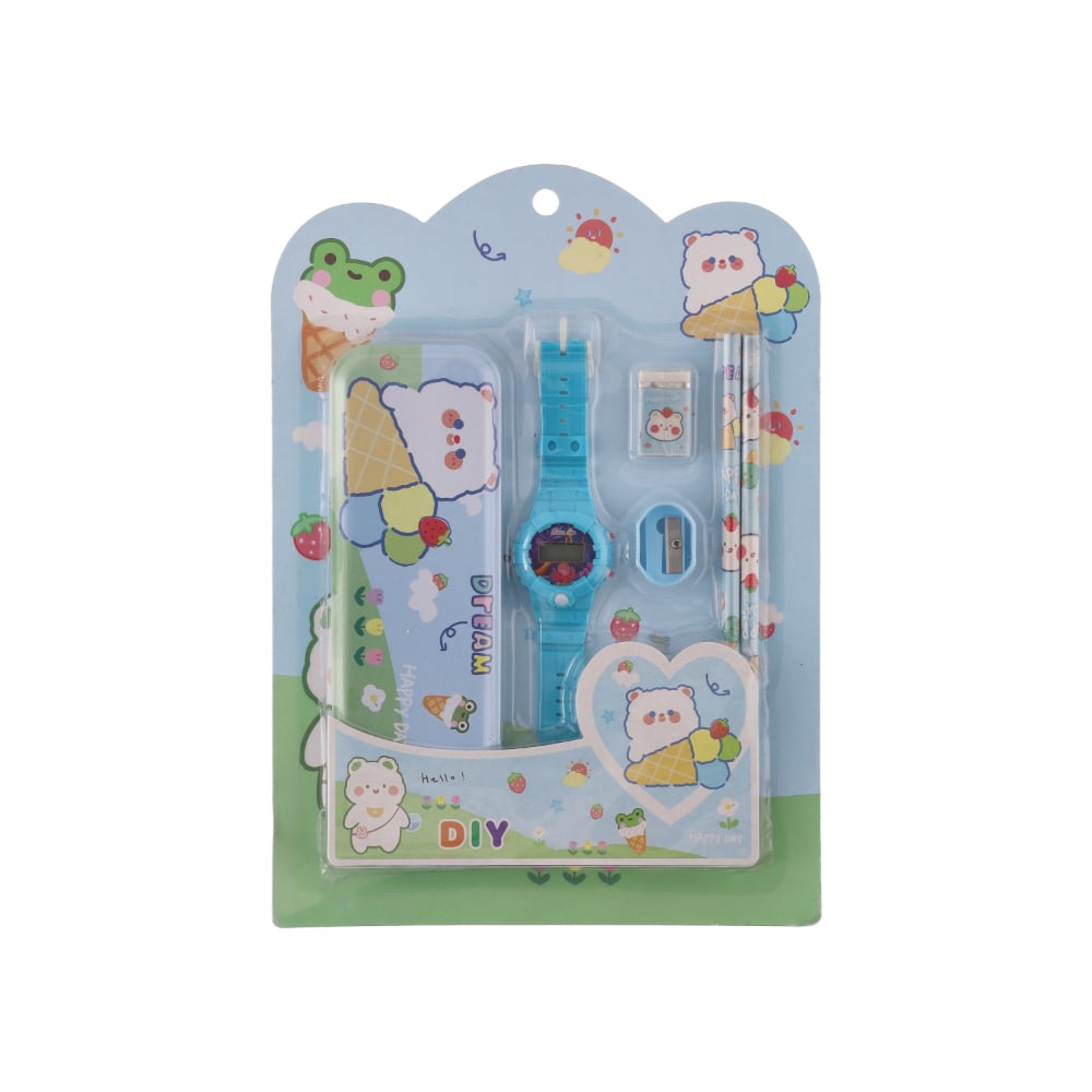 Juego escolar de papelería y accesorios azules Happy Day - Imagen 1