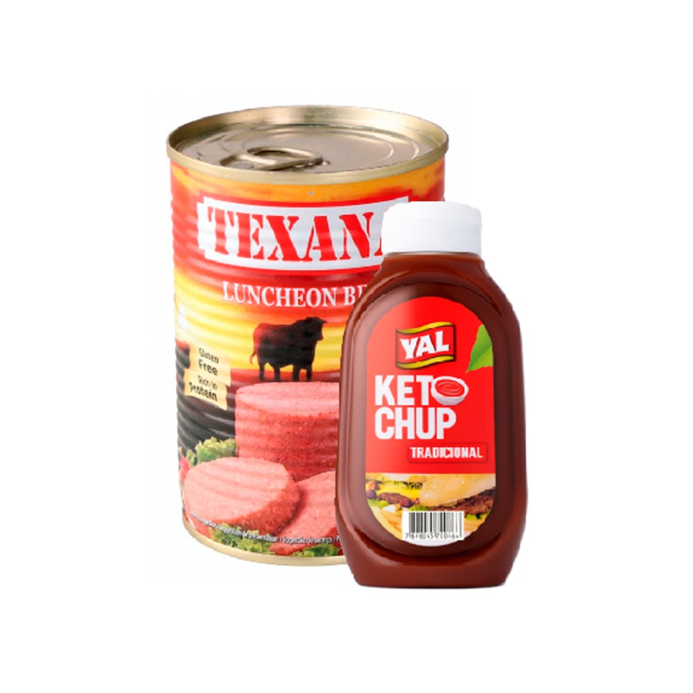 Ketchup tradicional Val (400 g / 14.11 oz) + Carne de res enlatada tipo spam Texana (400 g / 14.11 oz) - Imagen 1