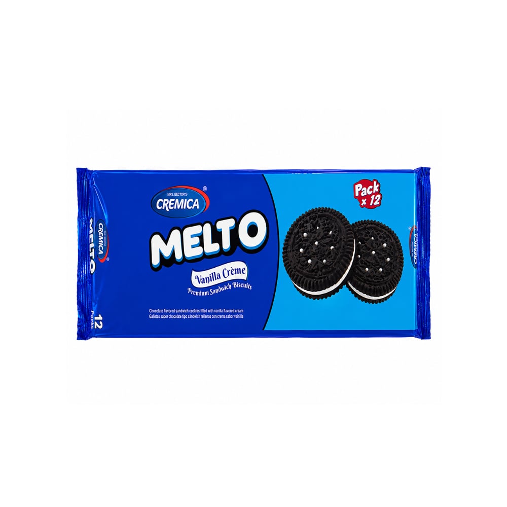 Galletas sabor chocolate tipo sándwich rellenas con crema sabor vainilla Cremica Melto (12 x 45 g / 1.58 oz) - Imagen 1