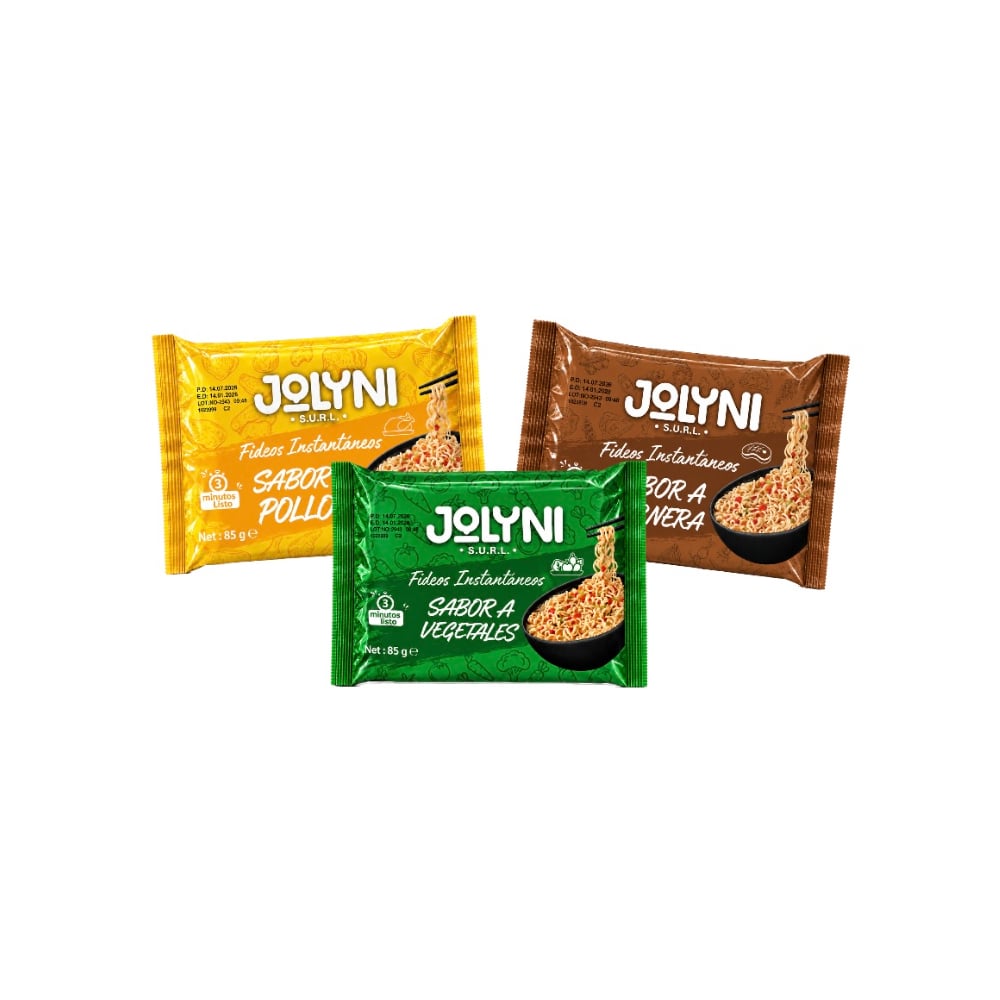 Sopa de fideos instantáneos Jolyni sabores pollo, ternera y vegetales (3 x 85 g / 3 oz) - Imagen 1