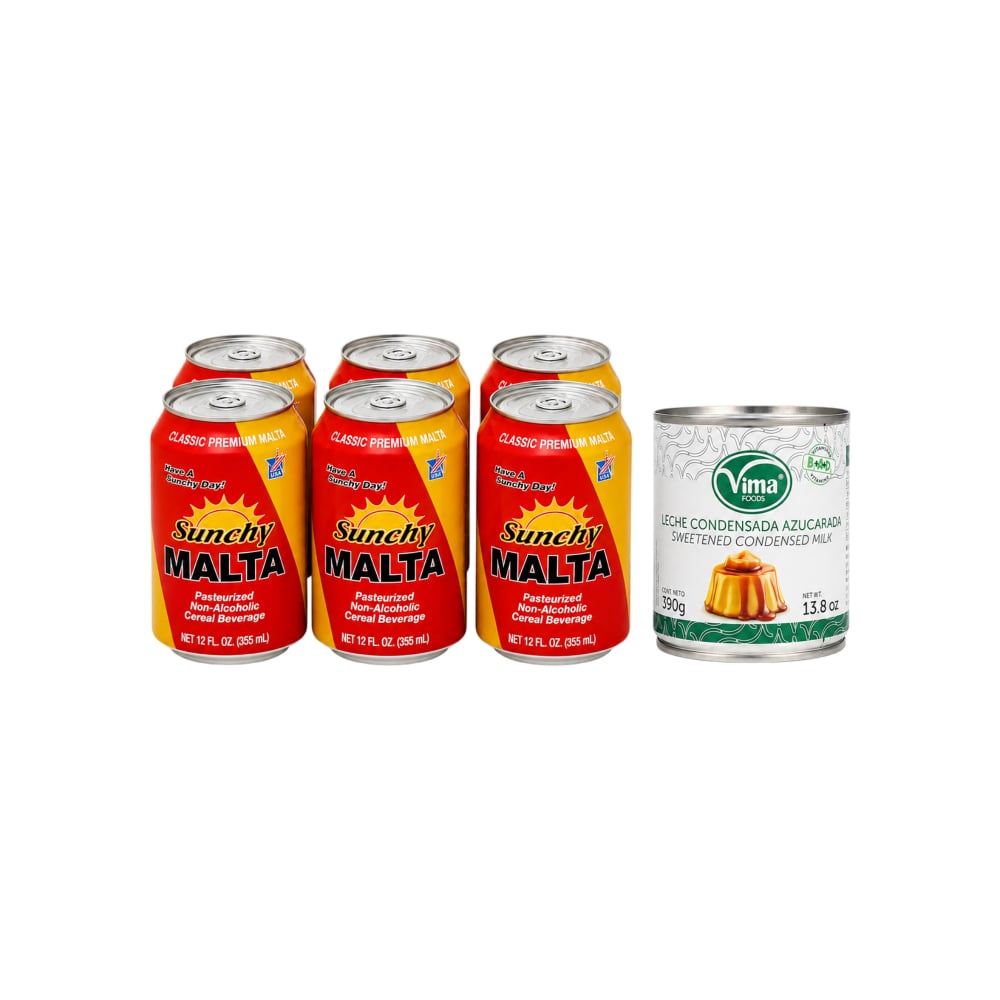 Malta Sunchy (6 x 355 ml / 12 fl oz) + Leche condensada azucarada Vima Foods (390 g / 13.8 oz) - Imagen 1
