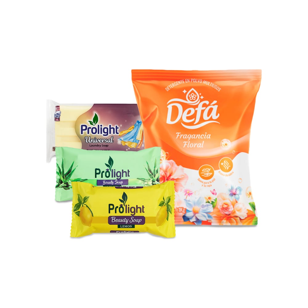 Combo de jabones y detergentes #8: Detergente en polvo multiusos fragancia floral Defá + Jabón de belleza Prolight + Jabón de lavar con enzimas Prolight - Imagen 1