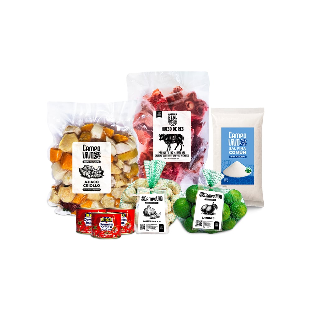 Combo para caldos Campo Vivo: Ajiaco criollo + Cabezas de ajo + Hueso de res + Limones + Sal fina común + Pasta de tomate Burcu - Imagen 1
