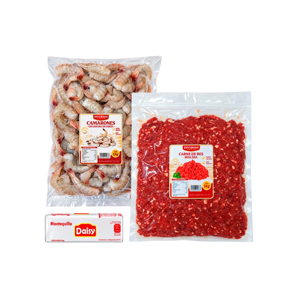 Combos: Camarones con cáscara sin cabeza + Carne de res molida + mantequilla - Imagen 1