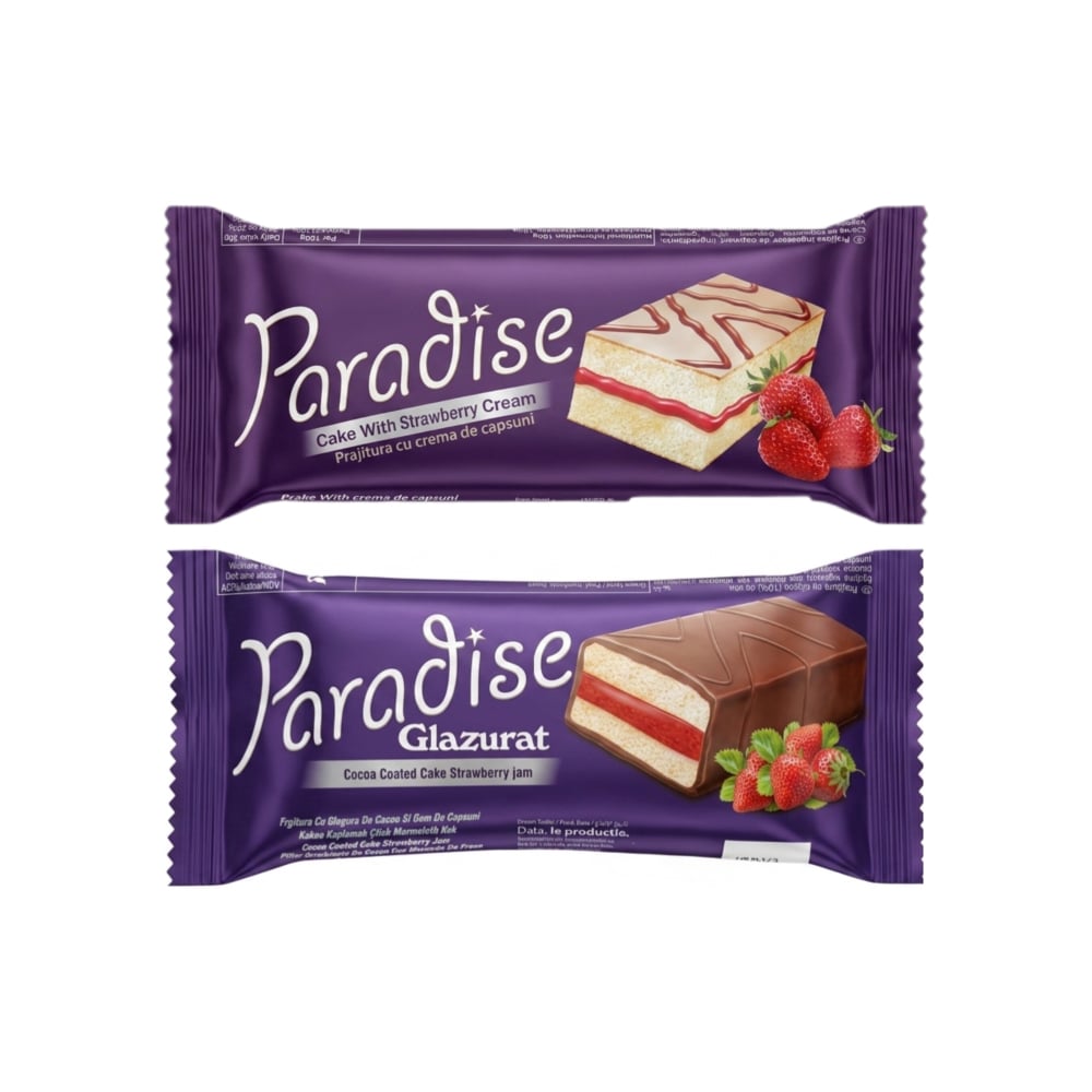 Pastelitos Paradise Simsek rellenos de crema de fresa con cobertura de chocolate y chocolate blanco - Imagen 1