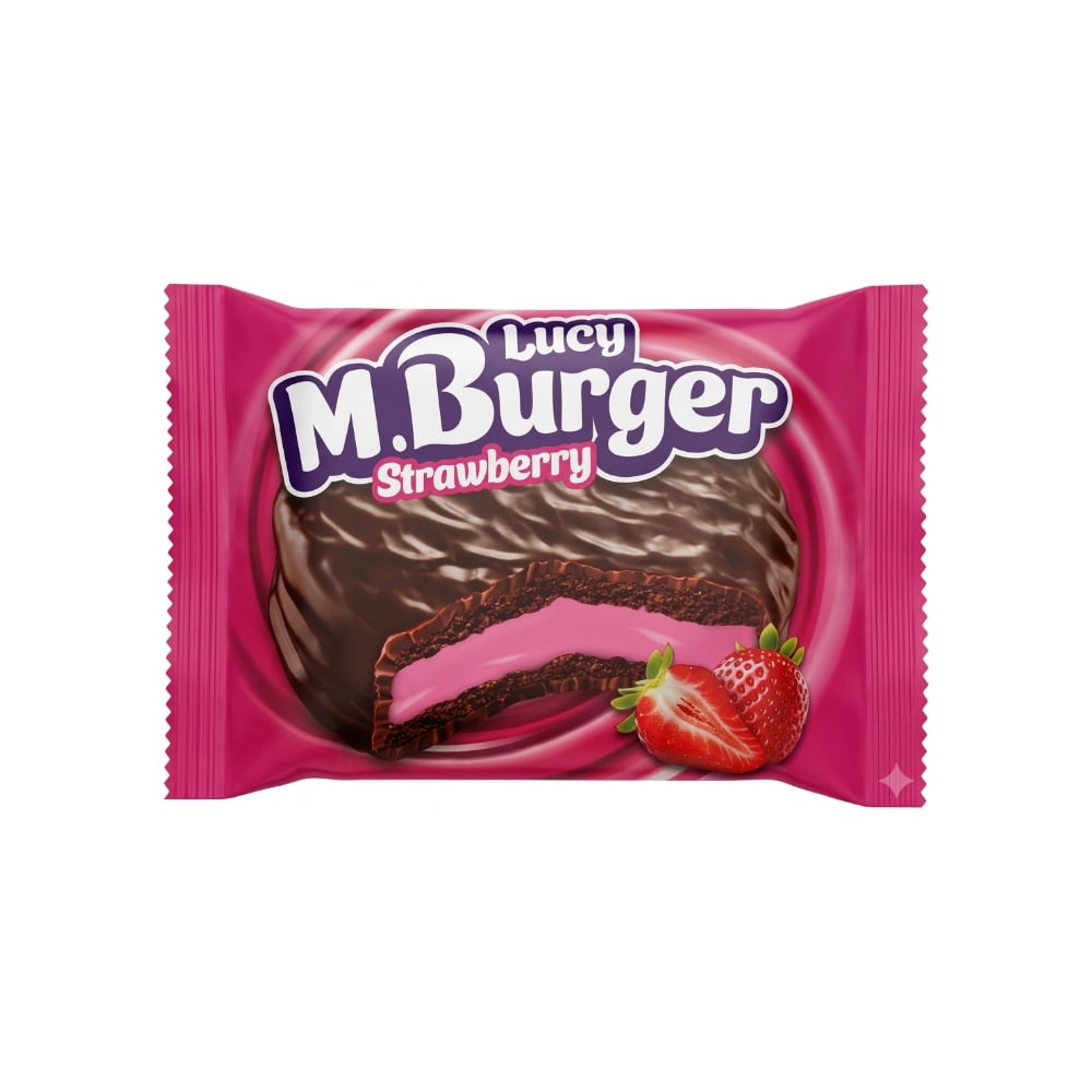 Alfajor de chocolate relleno de malvavisco sabor fresa M.Burger Lucy Simsek (45 g / 1.58 oz) - Imagen 1