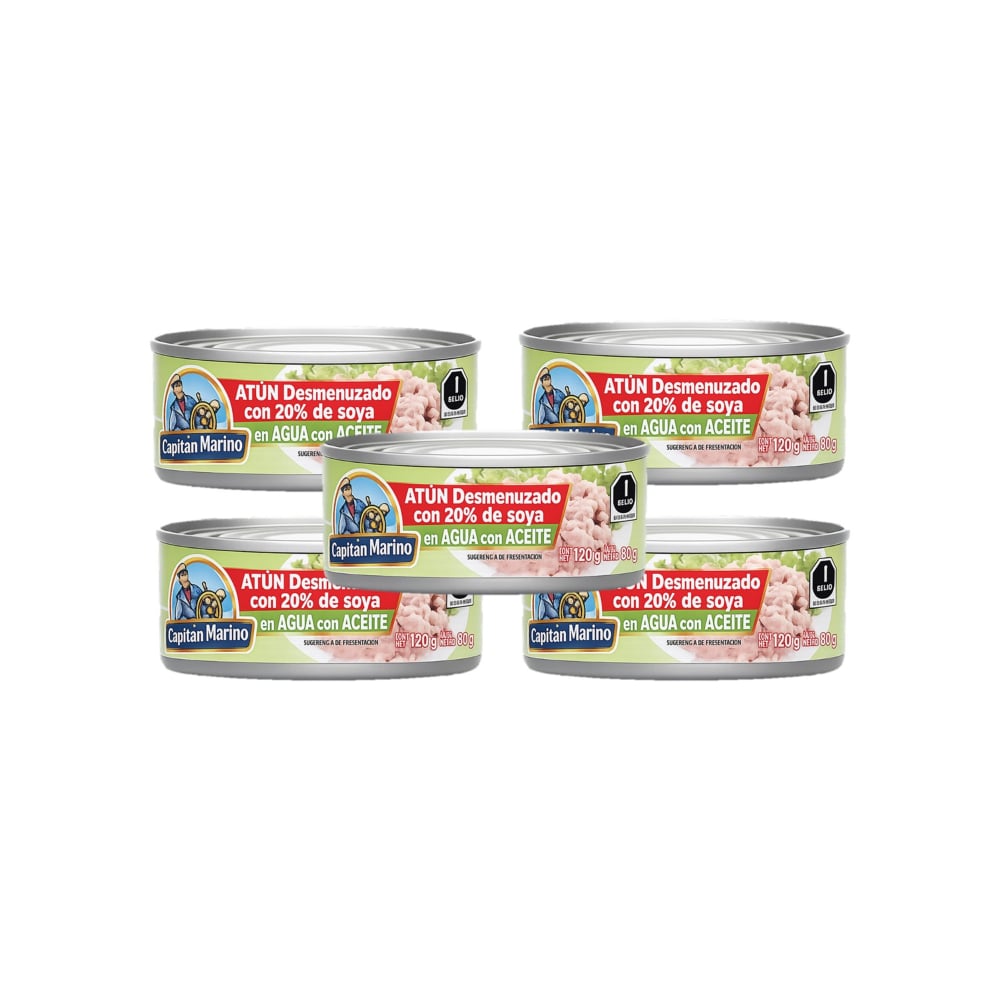 Atún desmenuzado con 20% de soya en agua con aceite Capitán Marino (5 x 120 g / 4.2 oz) - Imagen 1