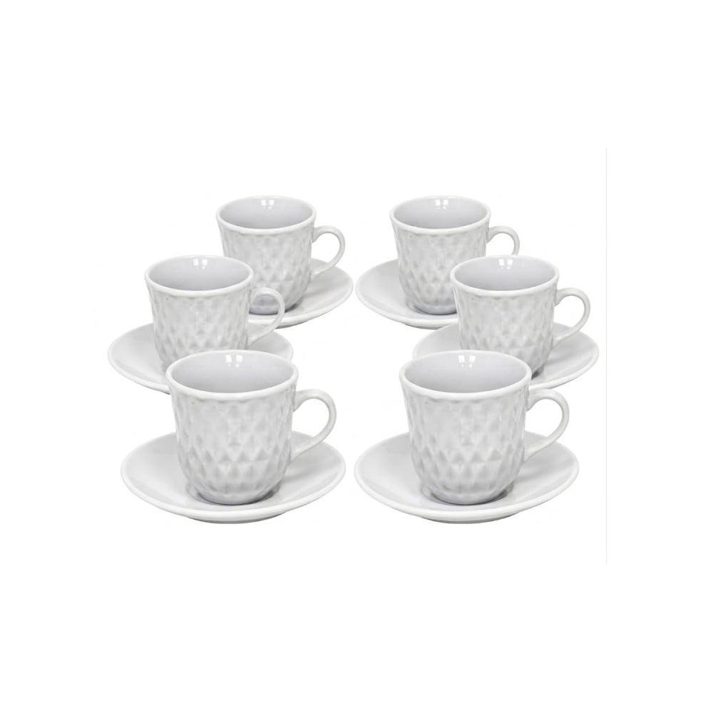 Juego de 6 tazas de café con platos de cerámica blanca con diseño de rombos Mukhi - Imagen 1