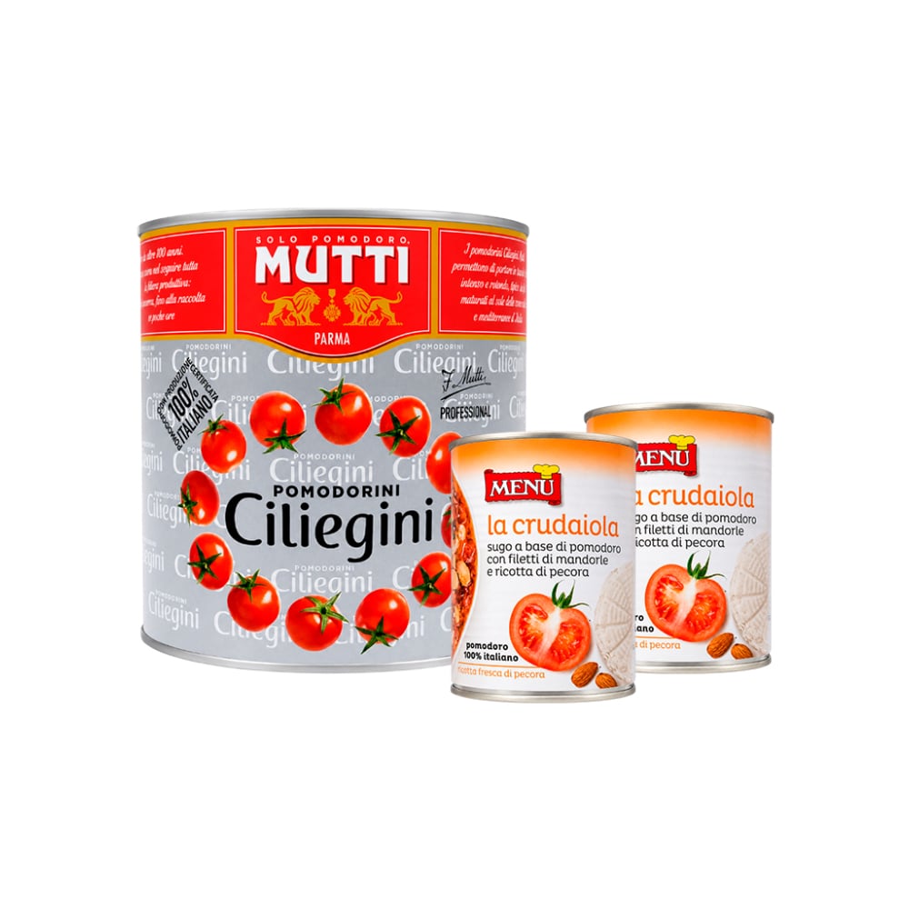 Combo: Tomates cherry en conserva Mutti (2.5 kg / 5.51 lb) + Salsa de tomate con almendra y queso ricotta de oveja Menu (410 g / 14.4 oz) - Imagen 1