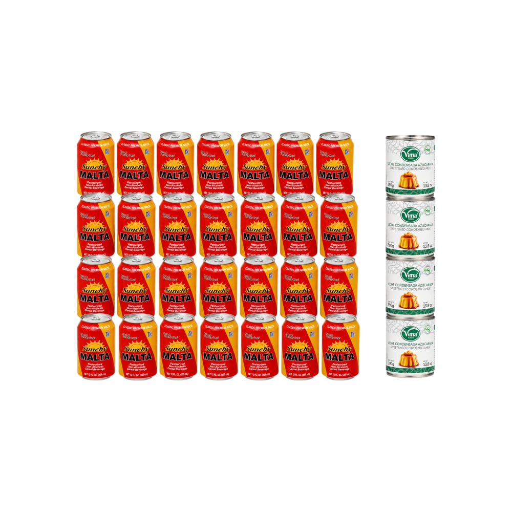 Malta Sunchy (24 x 355 ml / 12 fl oz) + Leche condensada azucarada Vima Foods (4 x 390 g / 13.8 oz) - Imagen 1