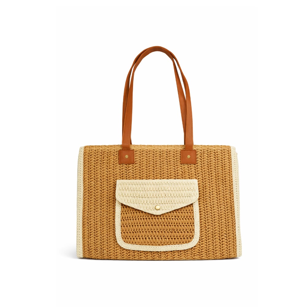 Bolso tote de playa tejido en color camel con bolsillo frontal y asas de piel ISABELLA (1 U) - Imagen 1