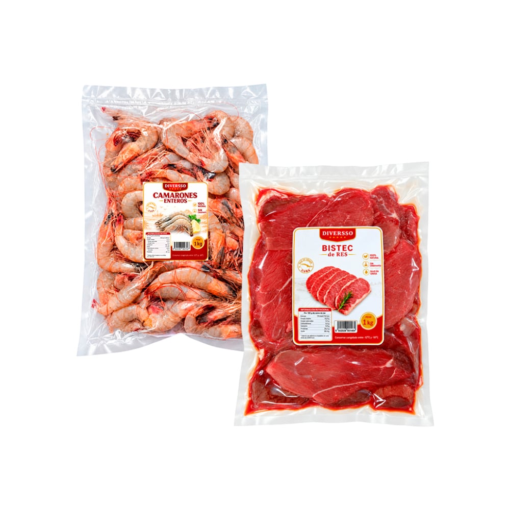 Combo: Camarones enteros Diversso (1 kg / 2.2 lb) + Bistec de res Diversso (1 kg / 2.2 lb) - Imagen 1