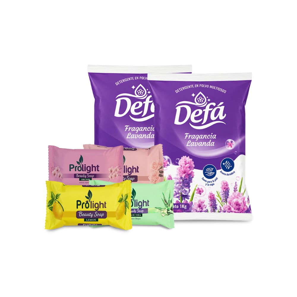 Combo Aseo y Limpieza #1: Detergente en polvo multiusos fragancia de lavanda Defá + Jabones de belleza Prolight - Imagen 1