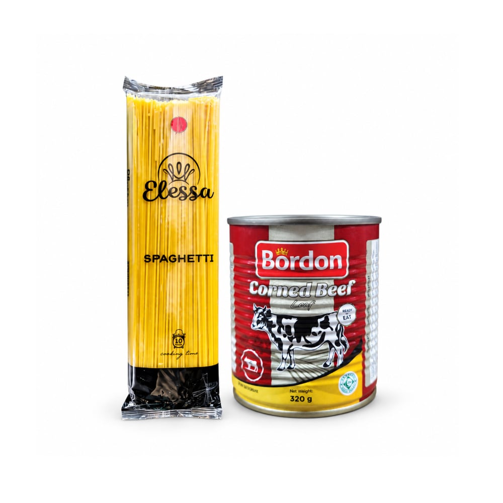 Espaguetis Elessa (500 g / 1.10 lb) + Carne enlatada de res en conserva salada Bordon (320 g / 0.71 lb) - Imagen 1