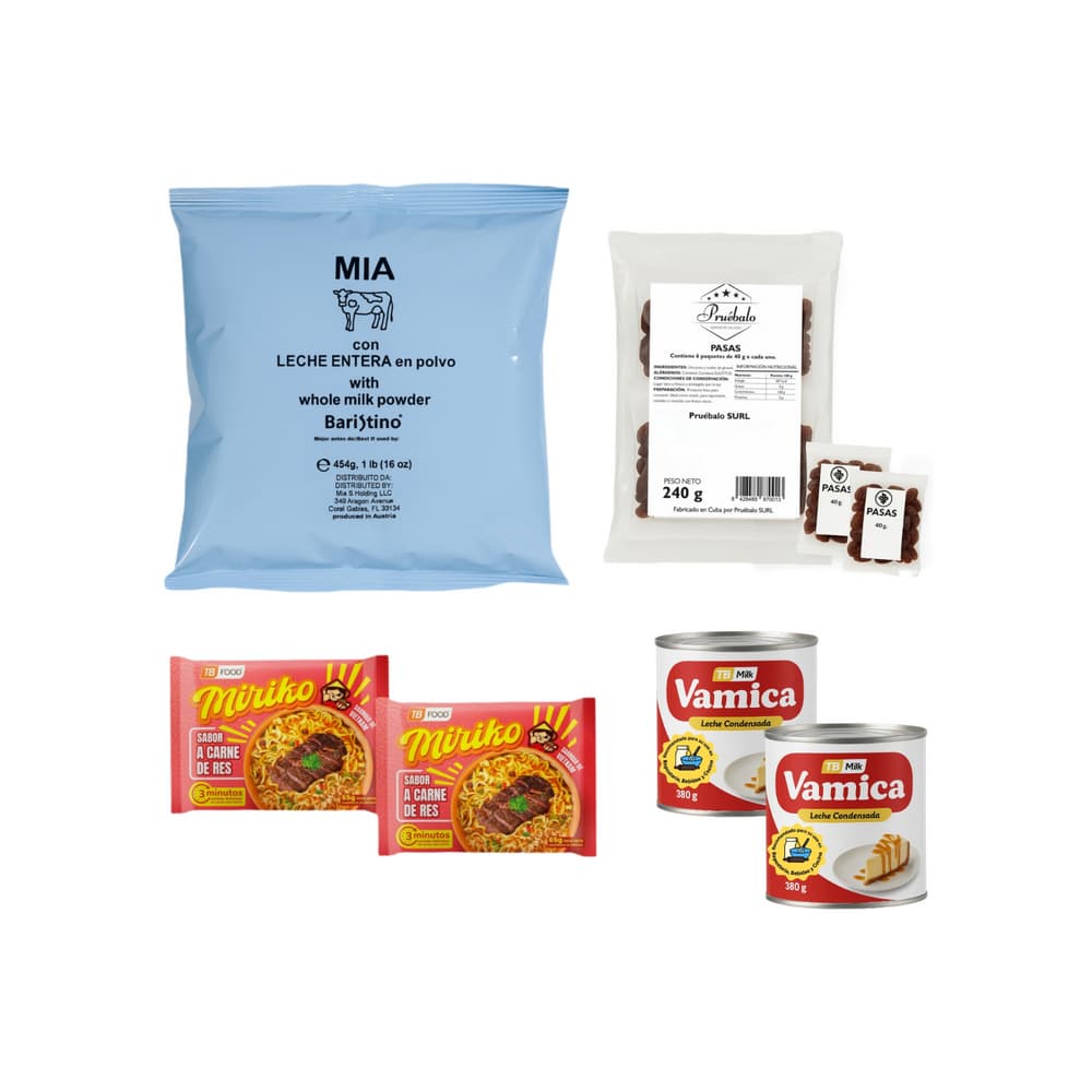 Leche entera en polvo Mia + Leche condensada Vamica + Sopa sabor carne de res Miriko + Uvas pasas Pruébalo - Imagen 1