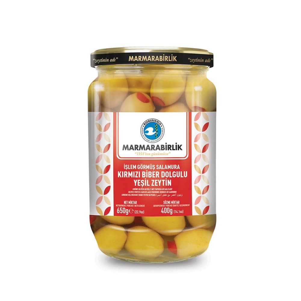 Aceitunas verdes rellenas de pimiento rojo en salmuera Marmarabirlik (400 g / 14.1 oz) - Imagen 1