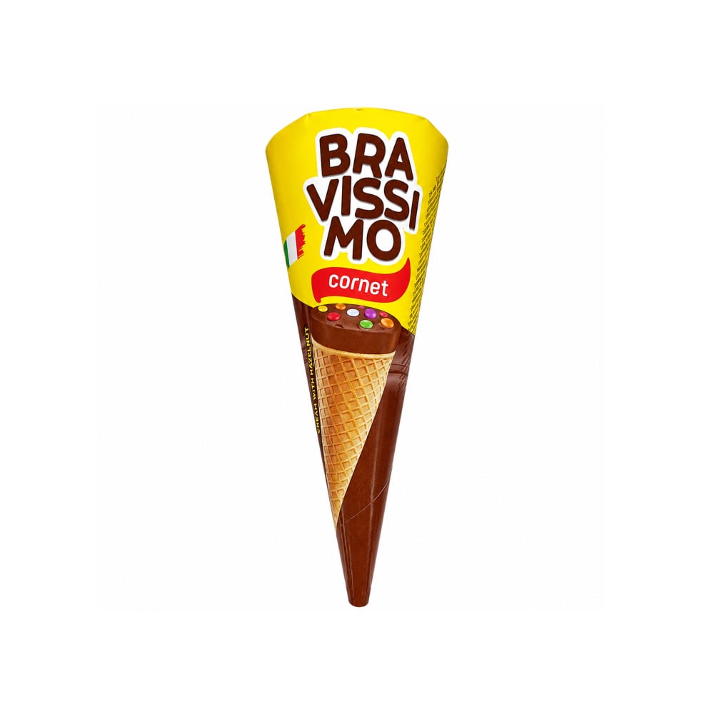 Cono relleno de crema de chocolate y avellana con grageas de colores Bravissimo (25 g / 0.88 oz) - Imagen 1