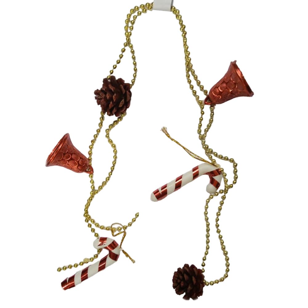 Guirnalda dorada con campanas rojas, bastones y pinos - Imagen 1