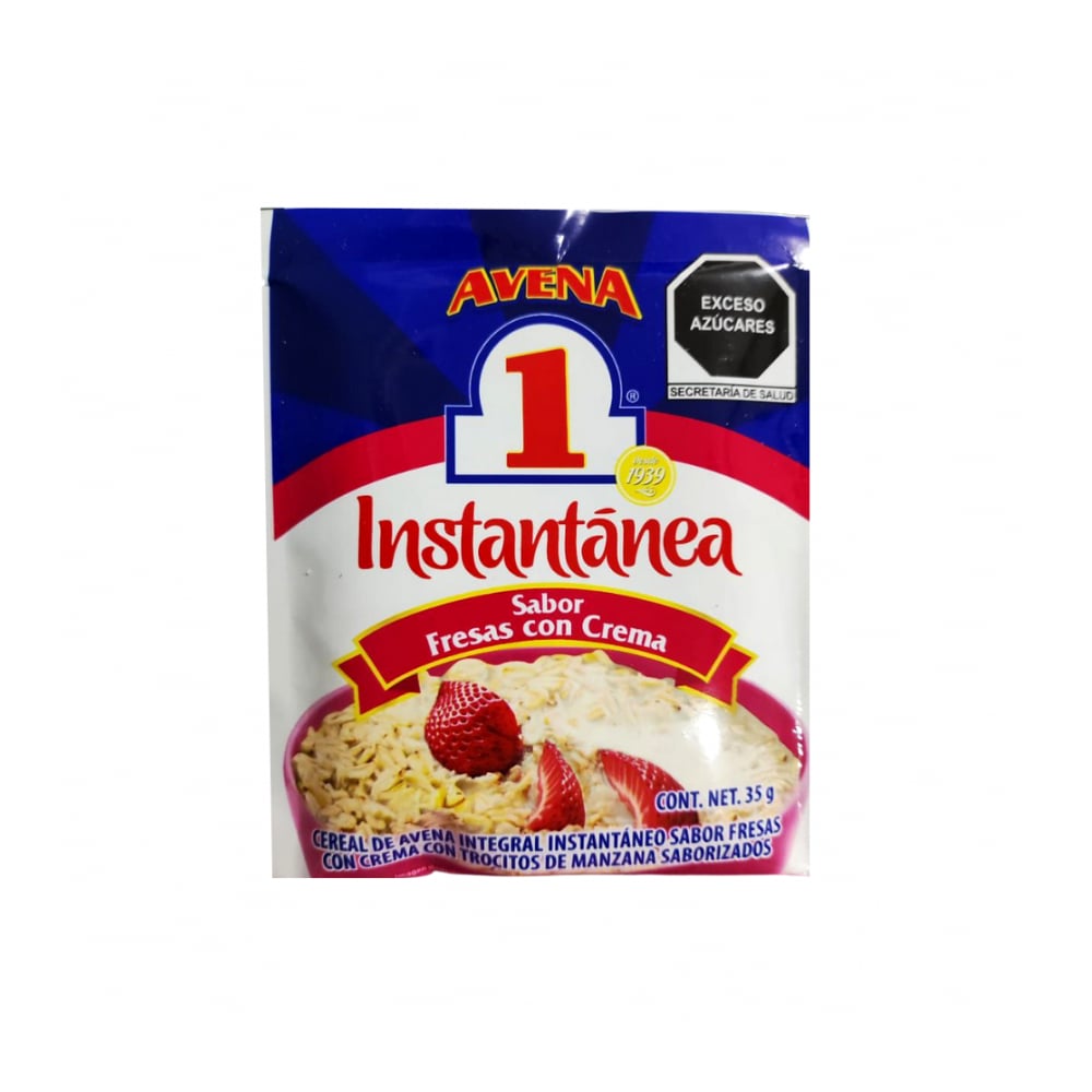 Cereal de avena integral instantáneo sabor fresas con crema con trocitos de manzana saborizados Avena 1 (35 g / 1.23 oz) - Imagen 1