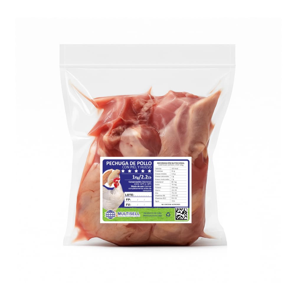 Pechuga de pollo con piel y hueso Multisell (1 kg / 2.2 lb) - Imagen 1