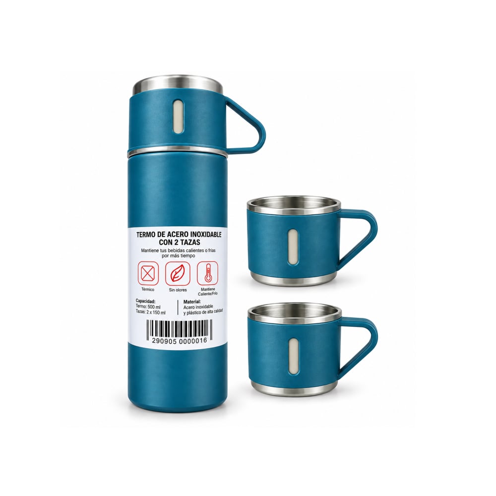 Set de termo y 2 tazas de acero inoxidable color azul MRC - Imagen 1