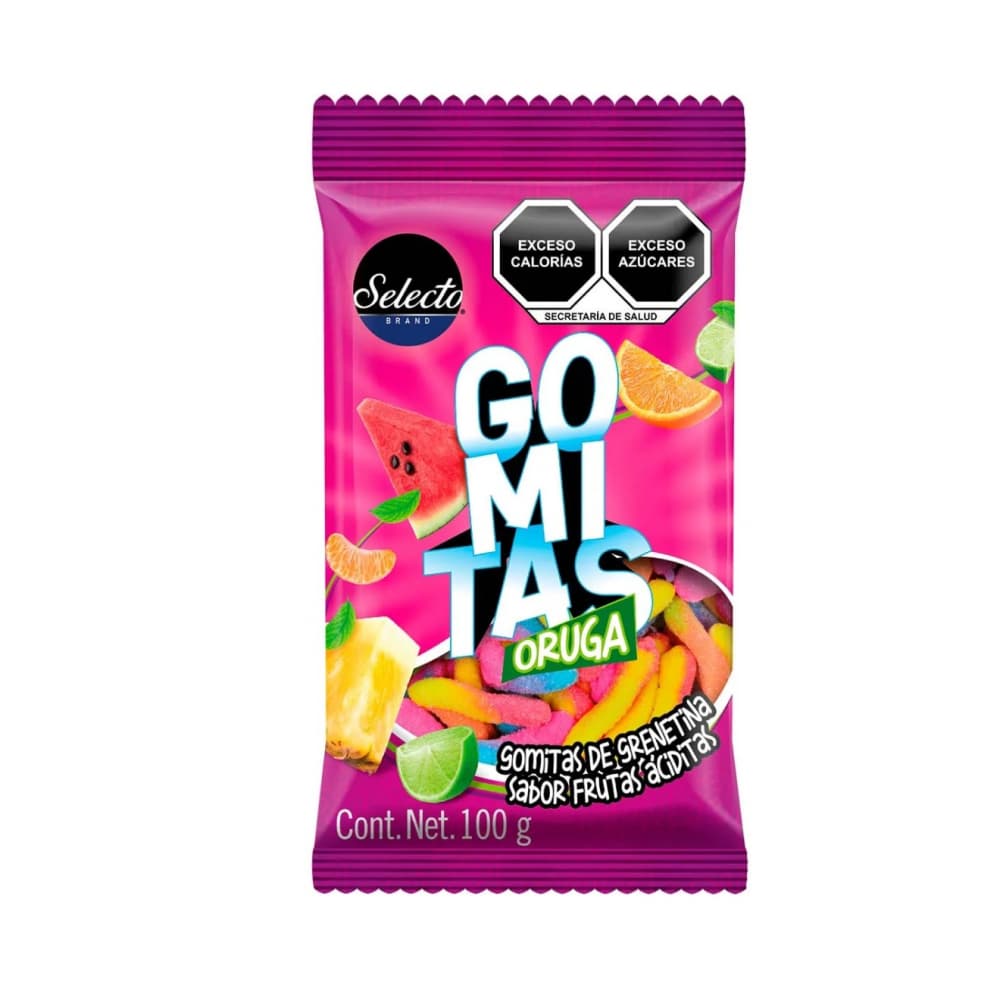 Gomitas de grenetina oruga sabor frutas áciditas Selecto (100 g / 3.5 oz) - Imagen 1