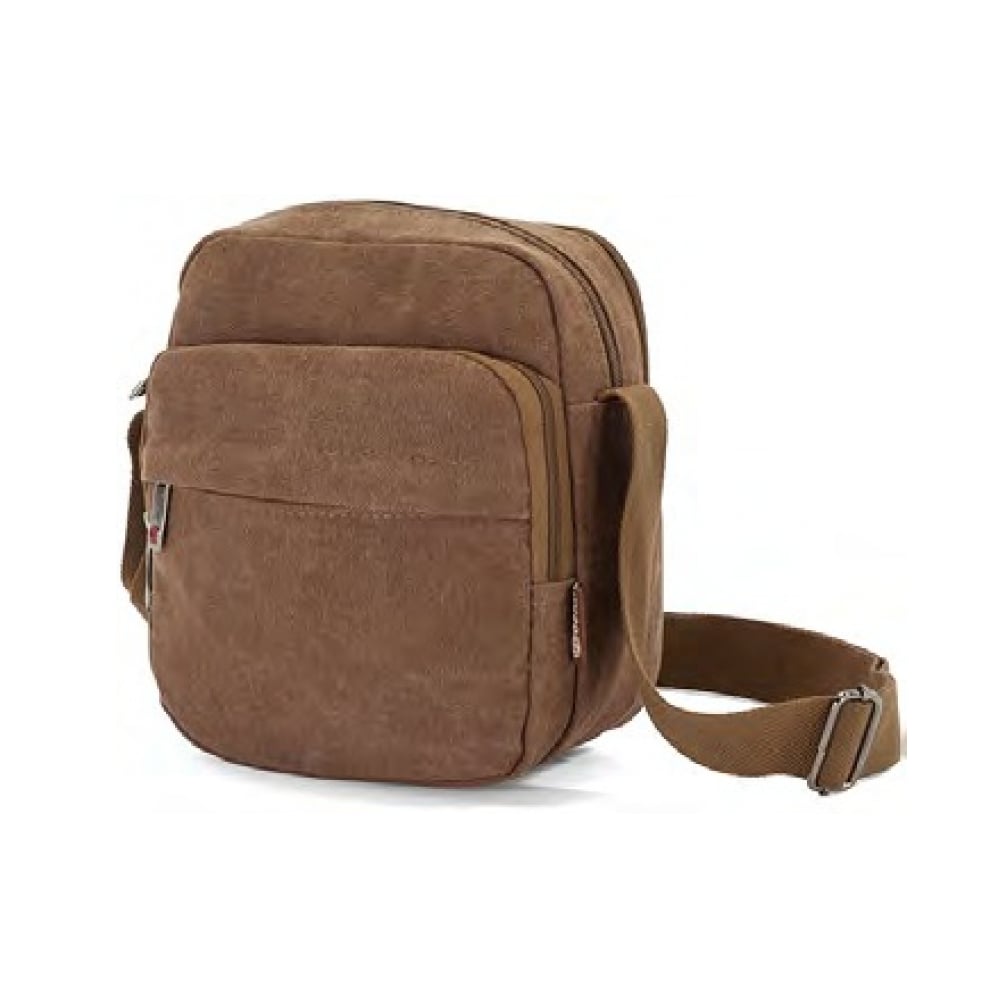 Bolso bandolera carmelita de lona con zíper Benzi - Imagen 1