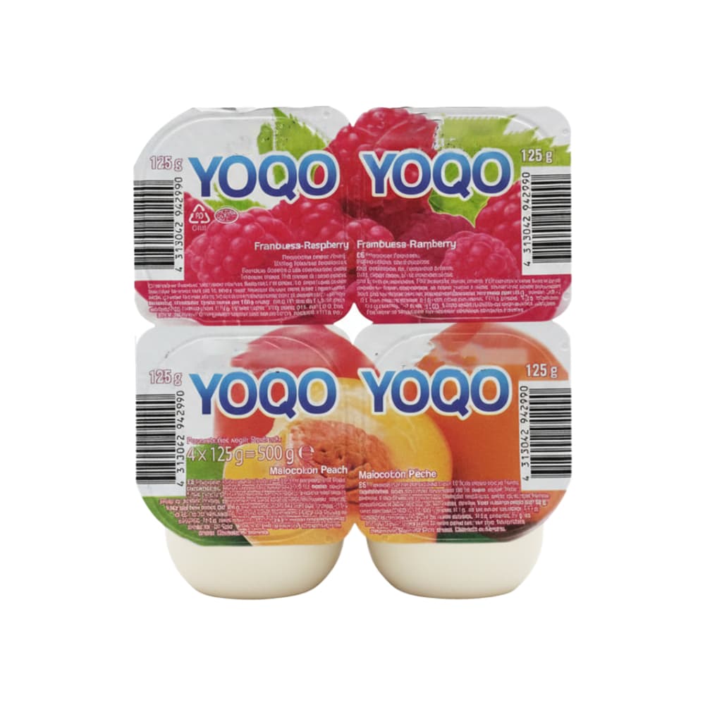 Yogurt sabor frambuesa y melocotón Yoqo (4 x 125 g / 4.41 oz) - Imagen 1
