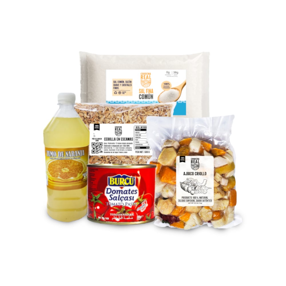Combo para sopas #5: Pasta de tomate Burcu + Cebolla en escamas Cosecha Real + Ajiaco criollo Cosecha Real + Sal fina común Cosecha Real + Zumo de naranja - Imagen 1