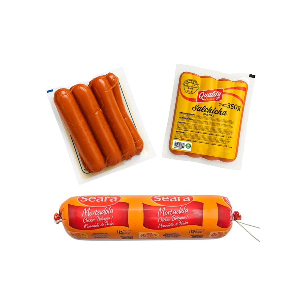 Combo de embutido clásico 2 paquetes de Salchicha de pollo Quality Chicken (350 g / 12.35 oz) y 1 paquete de Mortadela de pollo Seara (1 kg / 2.2 lb) - Imagen 1