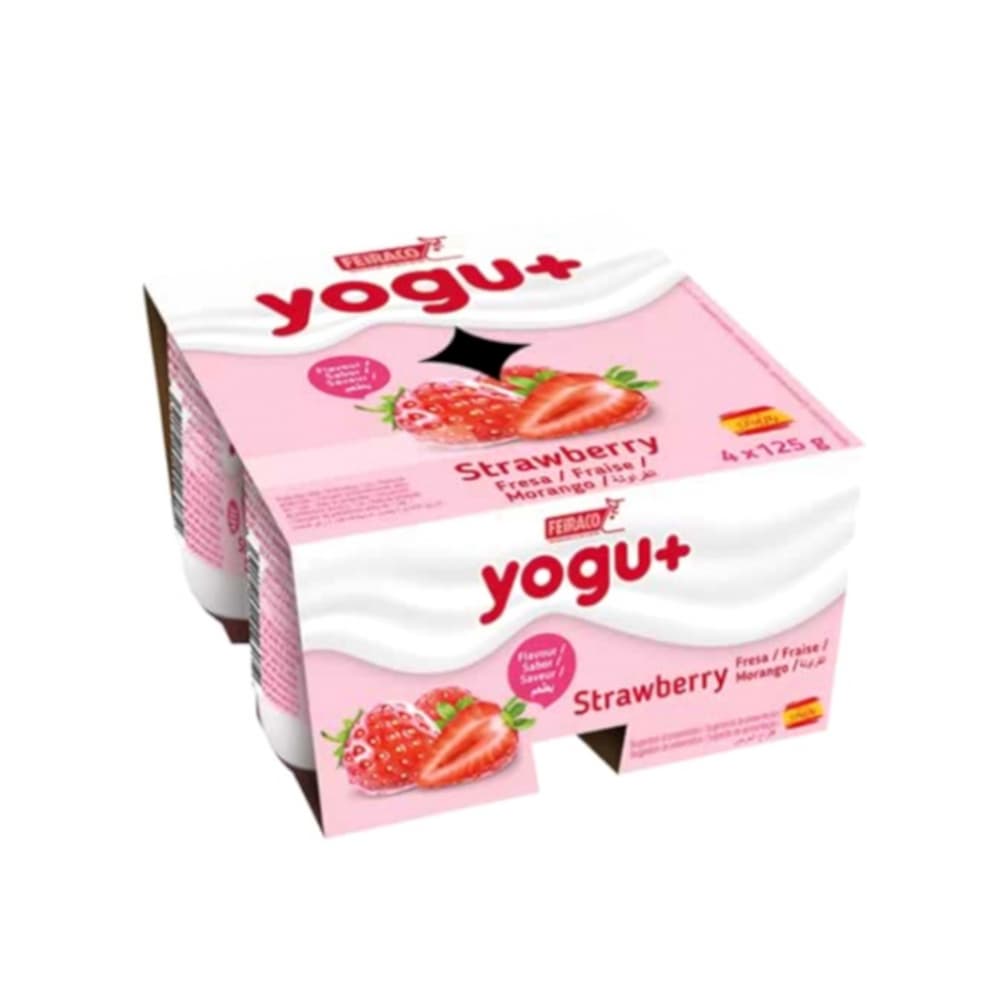 Yogur pasteurizado sabor a fresa Yogu+ Feiraco (4 x 125 g / 4.40 oz) - Imagen 1