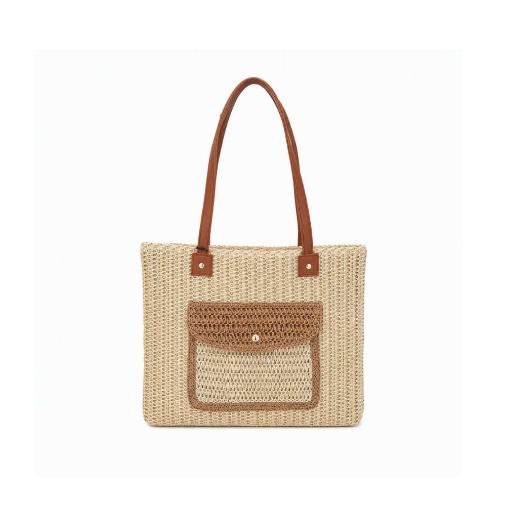 Bolso tote de playa tejido en beige con detalles en marrón y asas de piel Isabella (1 U) - Imagen 1