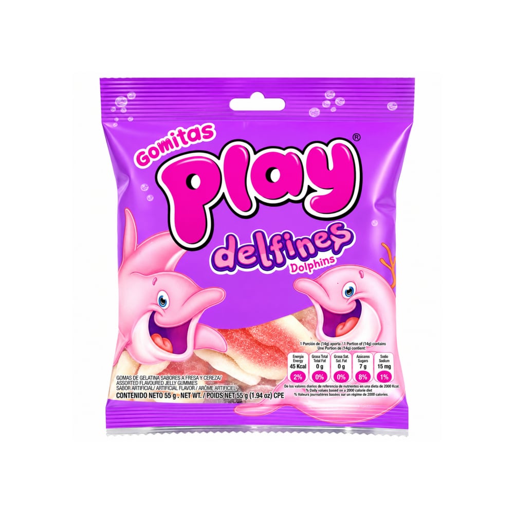 Gomitas de gelatina sabores surtidos a fresa y cereza Delfines Play (55 g / 1.94 oz) - Imagen 1