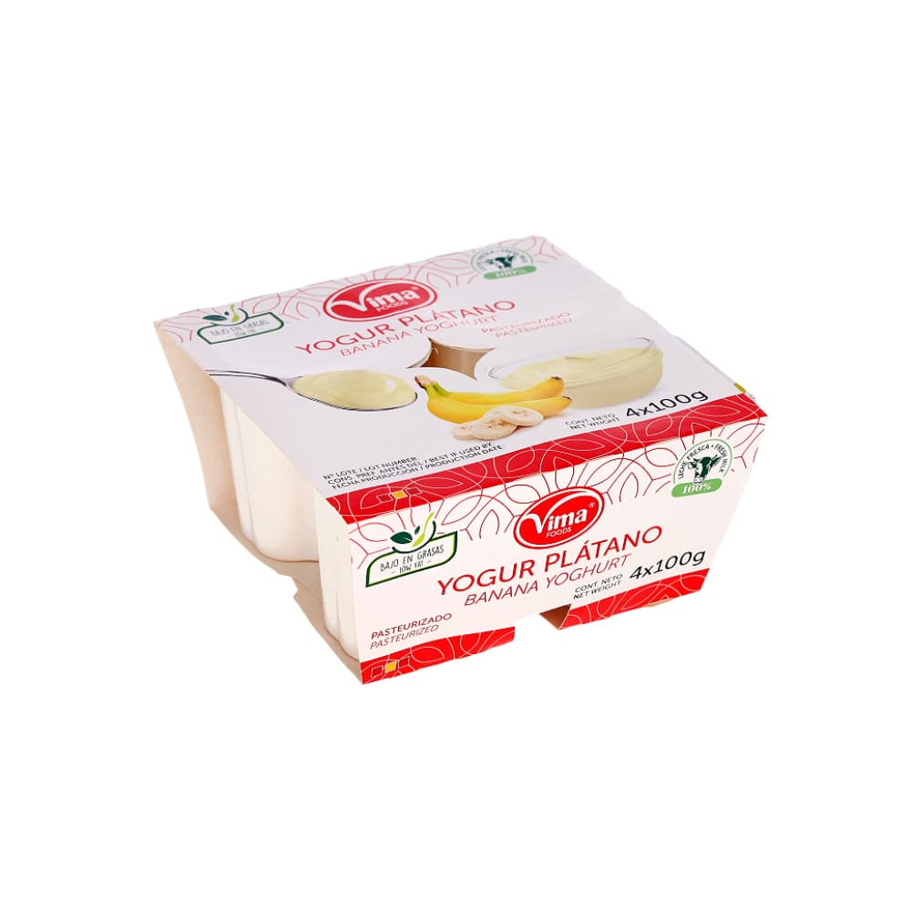 Yogurt sabor plátano Vima Foods (4 x 100 g / 3.52 oz) - Imagen 1