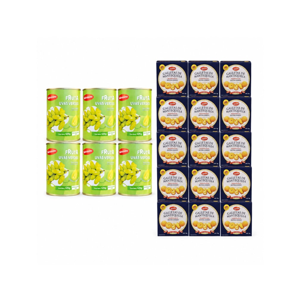 Combo Galletas de mantequilla Sabrosísimo (15 x 72 g / 2.54 oz) + Uvas verdes en almíbar Sabrosísimo (6 x 425 g / 14.99 oz) - Imagen 1