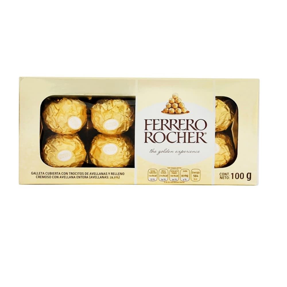 Bombones cubiertos con trocitos de avellanas y relleno cremoso con avellana entera Ferrero Rocher (100 g / 3.53 oz) - Imagen 1