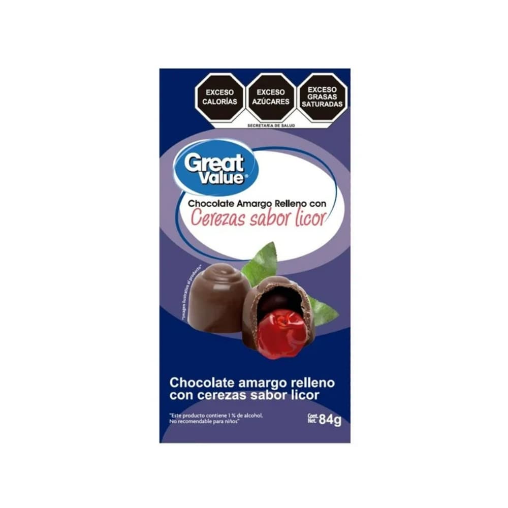 Chocolate amargo relleno con cerezas sabor licor Great Value (84 g / 2.9 oz) - Imagen 1