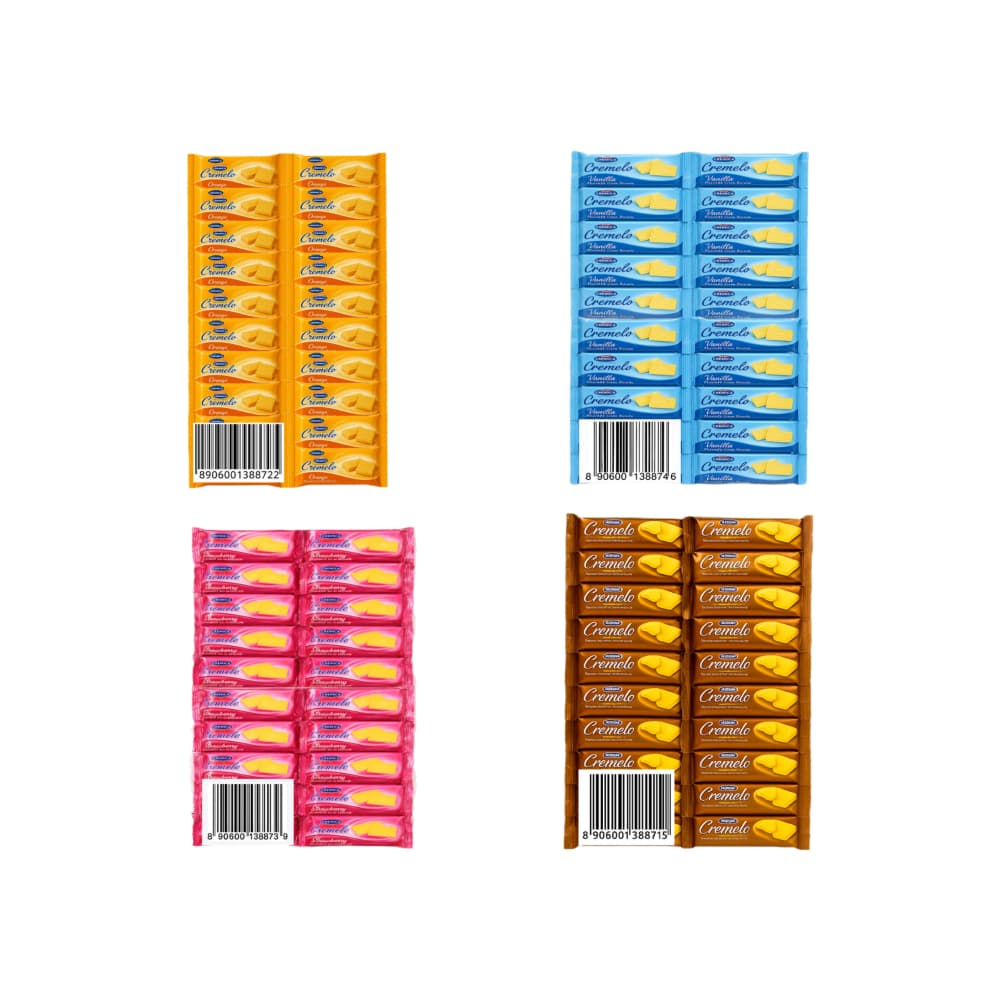 Galletas dulces con crema sabor naranja Cremelo Mrs. Bector's Cremica (440 g / 15.5 oz) + Galletas con crema sabor vainilla Cremelo Mrs. Bector’s Cremica (440 g / 15.5 oz) + Galletas con crema sabor fresa Cremelo Mrs. Bector's Cremica (440 g / 15.5 oz) + Galletas sándwich con crema sabor a chocolate Cremelo Mrs. Bector's Cremica (440 g / 15.5 oz) - Imagen 1